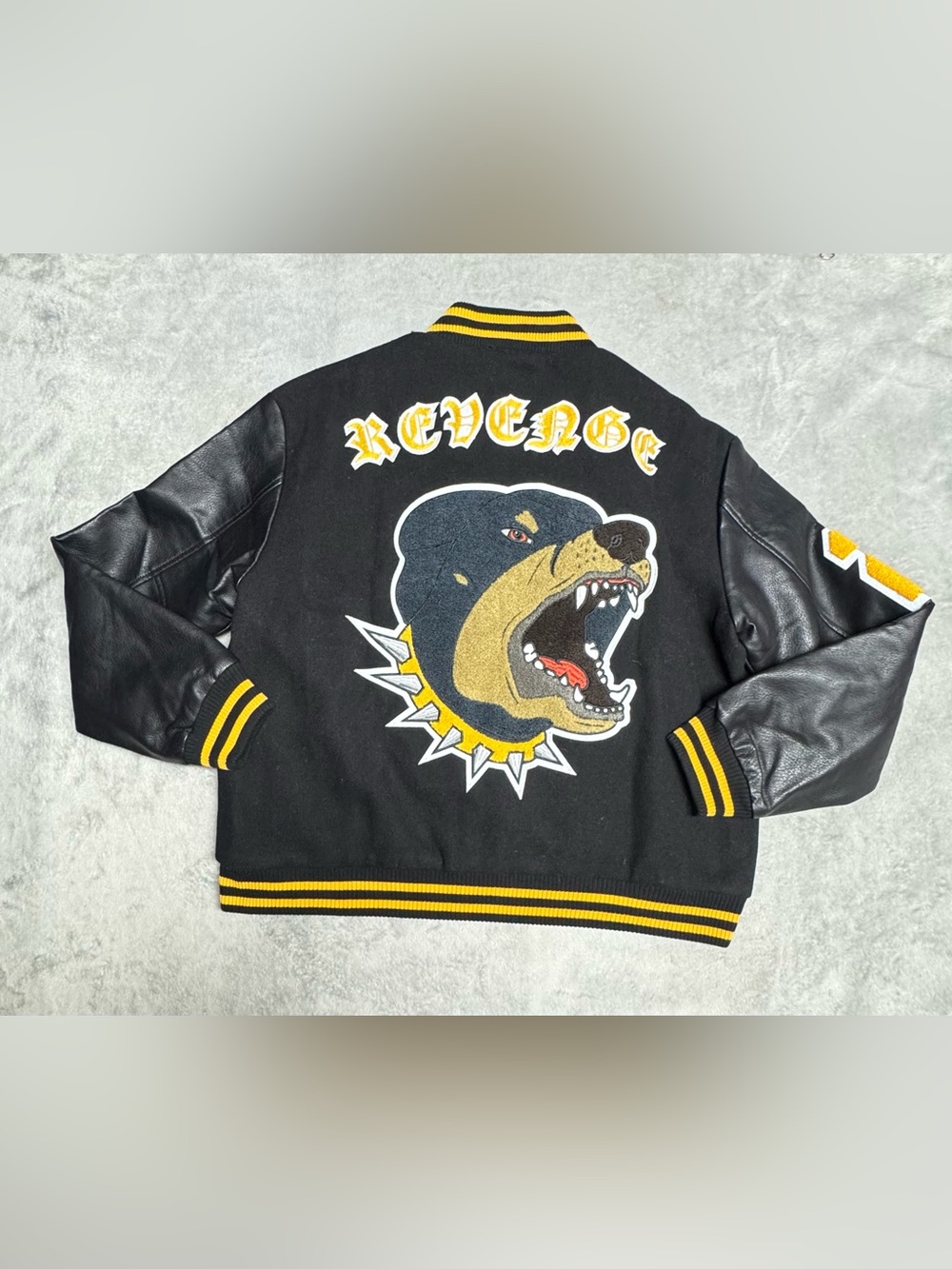 NWOT REVENGE Rottweiler Varsity Jacket Black And Yellow Big Logo Size Small